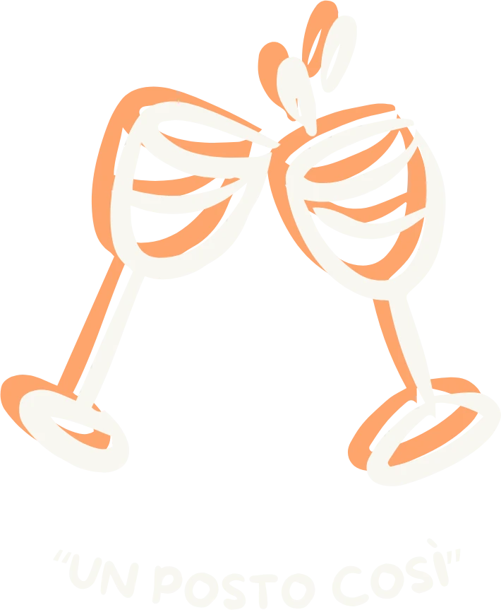Illustrazione di due calici che brindano, con la scritta Un posto così.