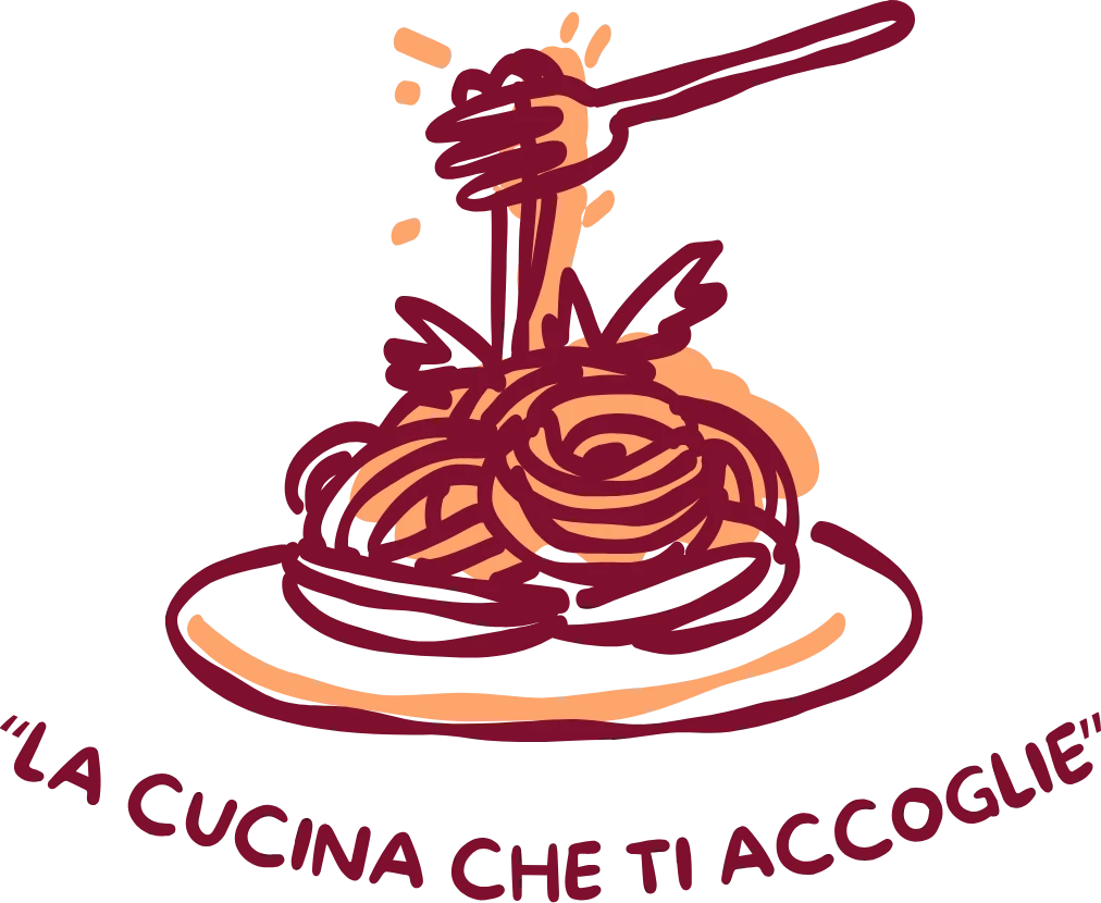 Illustrazione di una forchetta che arrotola gli spaghetti, con la scritta La cucina che ti accoglie.
